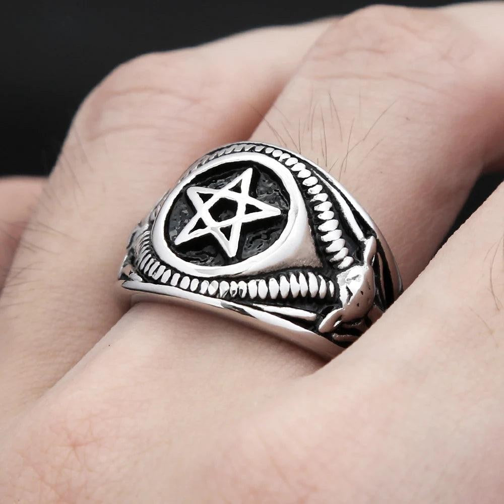 Vintage Pentagram Ring Stainless Steel – Gothic Goat Devil Demon Biker Ring