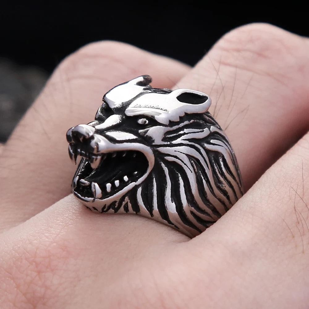 Stainless Steel Viking Wolf Head Ring | Nordic Biker Animal Ring for Men Women