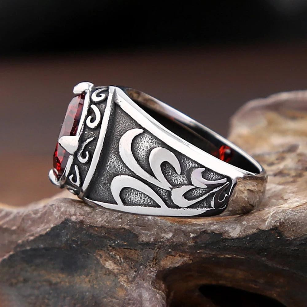 Stainless Steel Engraved Flower Ring Red Stone Vintage Punk Ring Men Women
