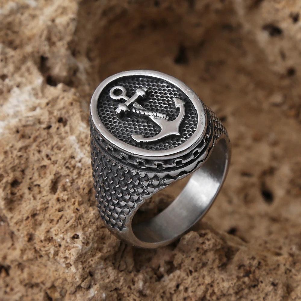 1️⃣ Viking Anchor Ring Stainless Steel Punk Biker Seal Ring for Men