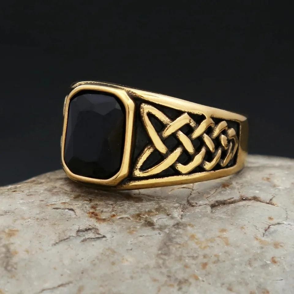 Stainless Steel Viking Rune Ring | Nordic Knot Square Red Stone Ring Unisex