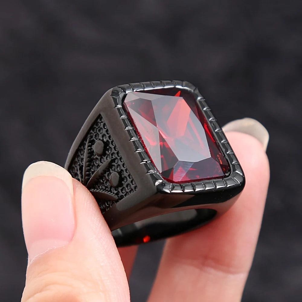 Stainless Steel Red Stone Square Ring – Punk Biker Black Leaf Ring for Men