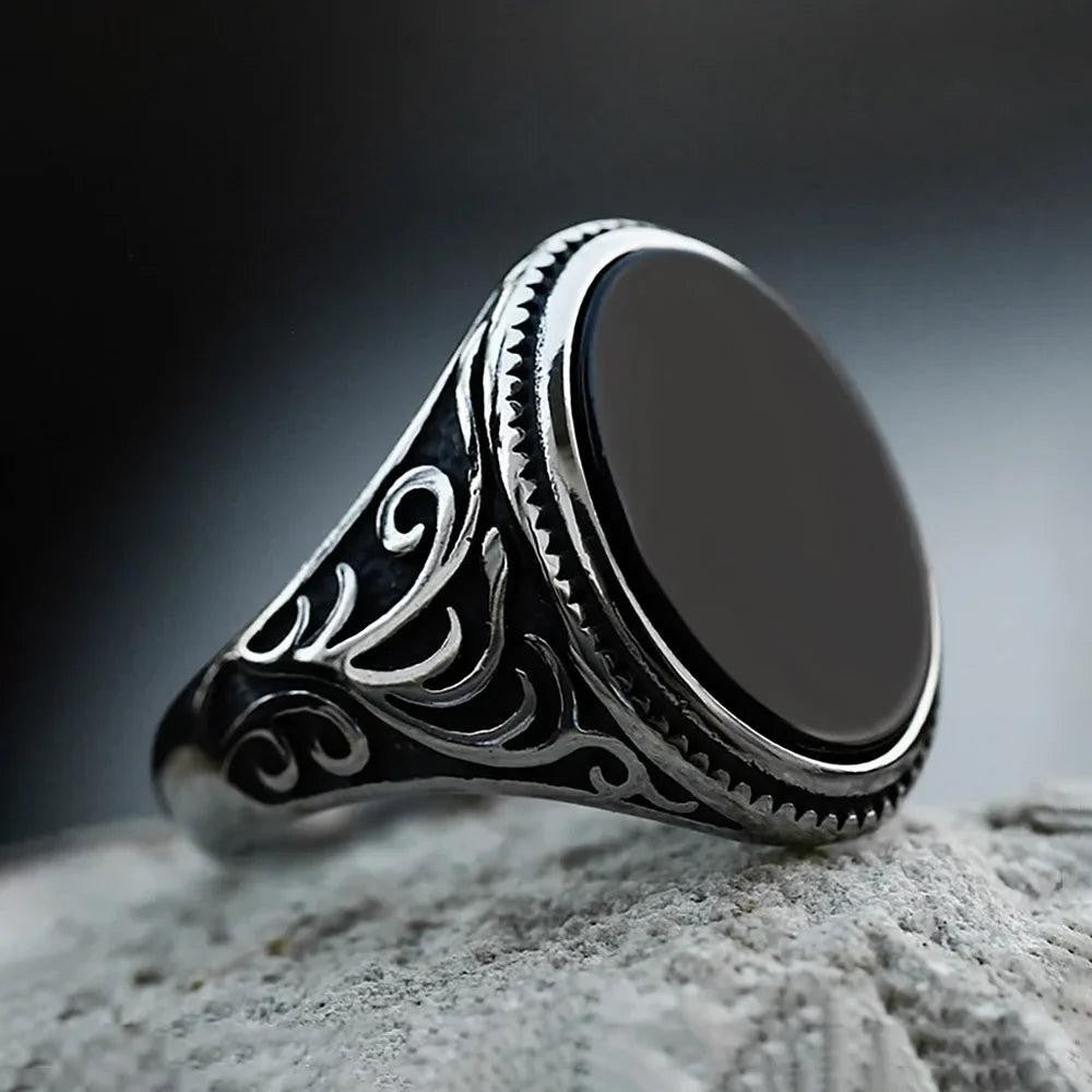 Natural Black Agate Vintage Gothic Ring 316L Stainless Steel  Turkish  Punk Ring