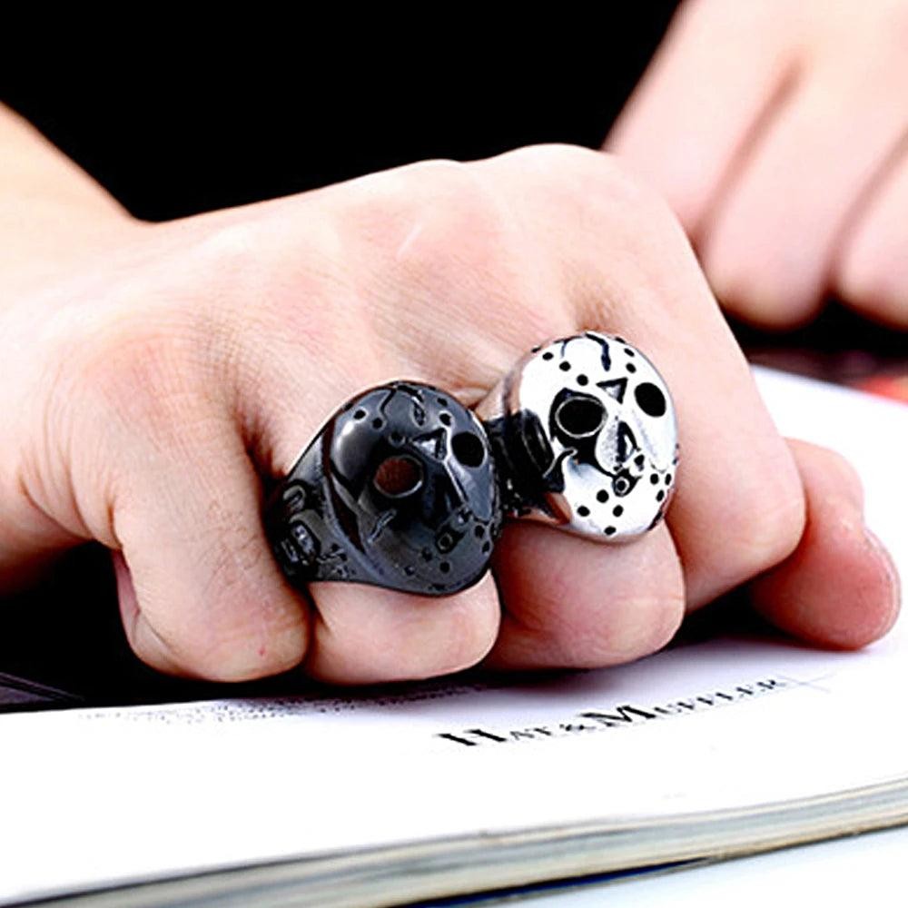 1️⃣ Jason Mask Ring Punk Horror Stainless Steel Biker Ring for Men Black Retro J