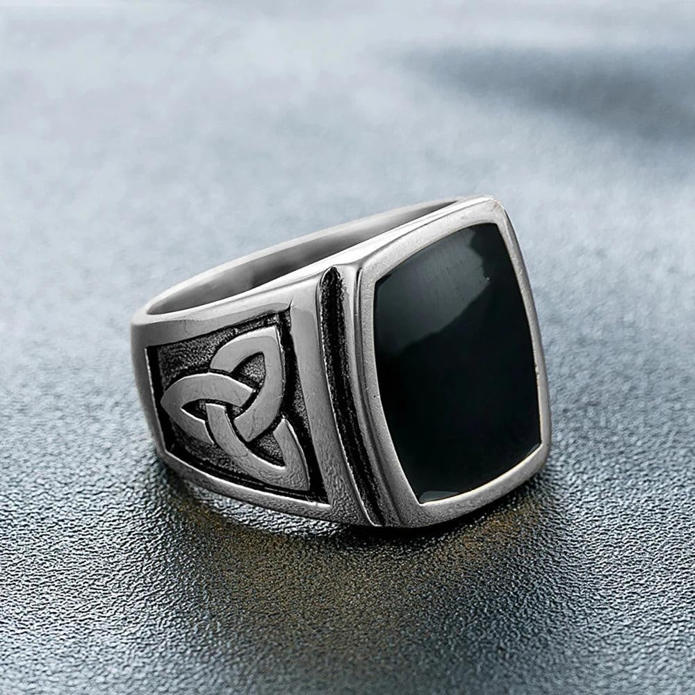 1️⃣ Nordic Viking Celtic Knot Ring Black Stone Stainless Steel Ring Men