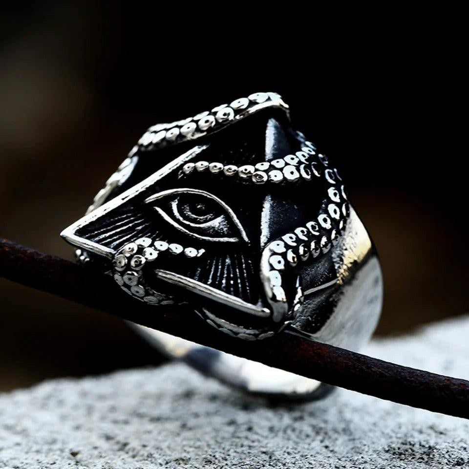 All Seeing Eye Octopus Ring Stainless Steel Punk Amulet Ring Men Women