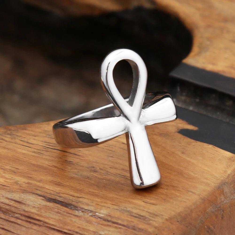 TOGA PULLACN Stainless Steel Egyptian Ankh Cross Finger Rings Punk Jewelry for M