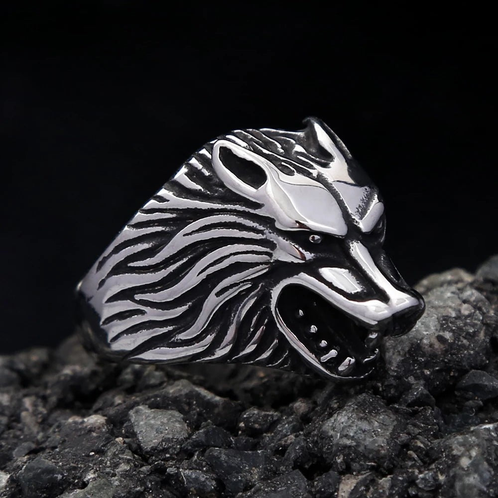 Stainless Steel Viking Wolf Head Ring | Nordic Biker Animal Ring for Men Women