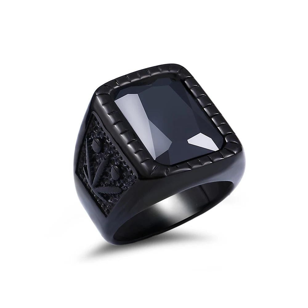 Stainless Steel Red Stone Square Ring – Punk Biker Black Leaf Ring for Men