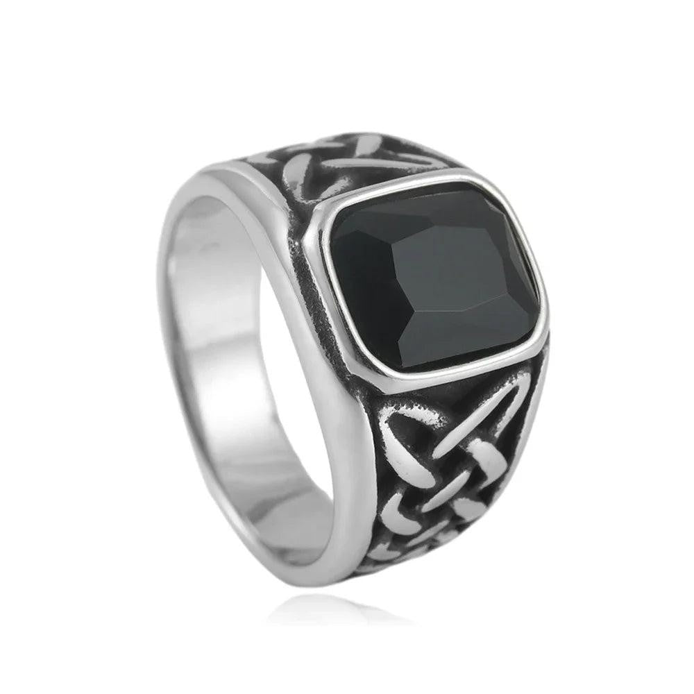 Stainless Steel Viking Rune Ring | Nordic Knot Square Red Stone Ring Unisex