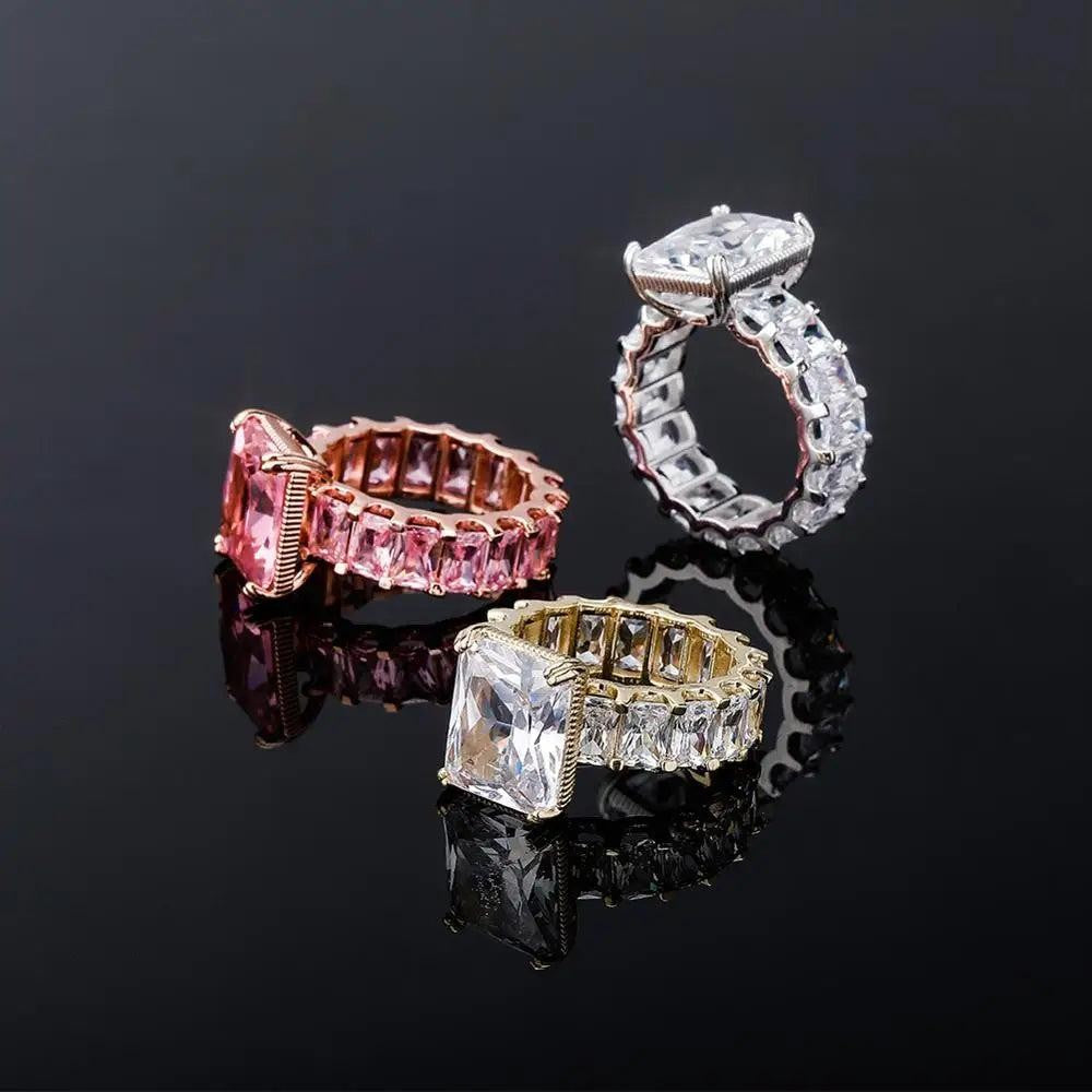Square CZ Iced Out Ring – Gold Color Copper Hip Hop Cubic Zirconia Ring  Women