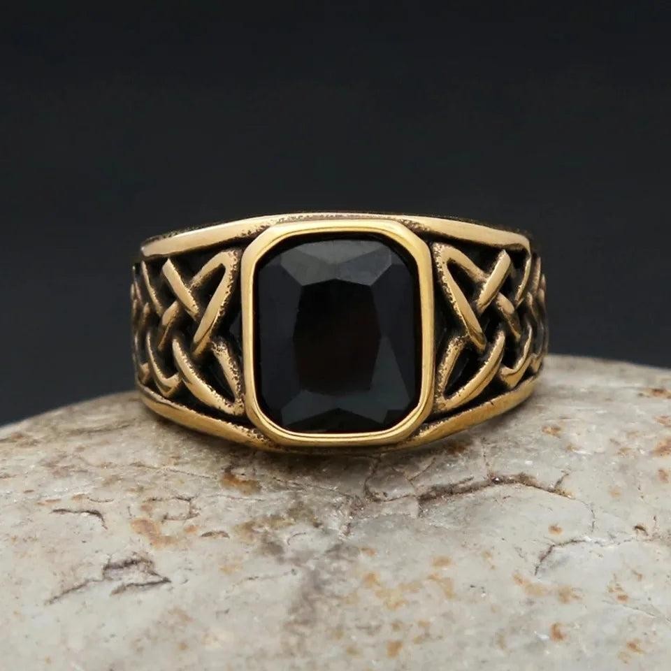 Stainless Steel Viking Rune Ring | Nordic Knot Square Red Stone Ring Unisex