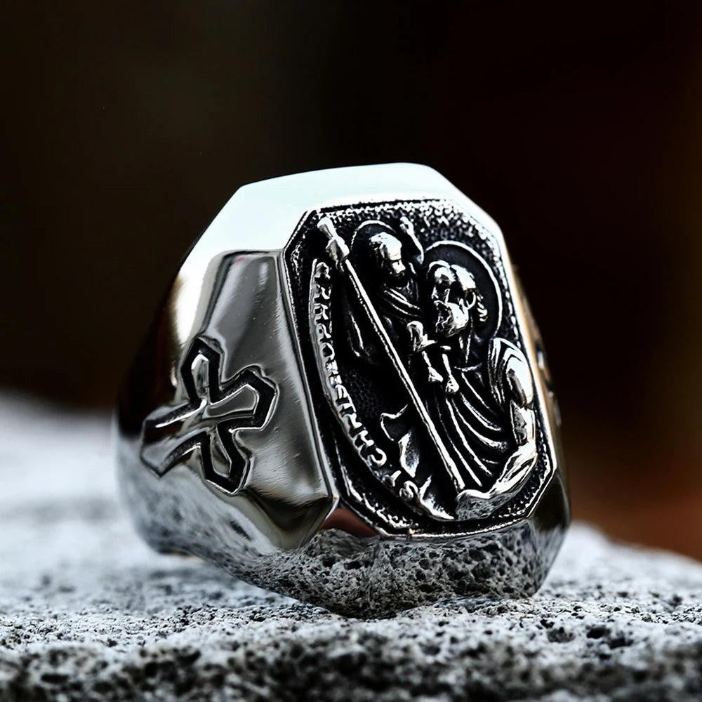 316L Stainless Steel St Christopher Ring | Vintage Renaissance Cross Biker Ring