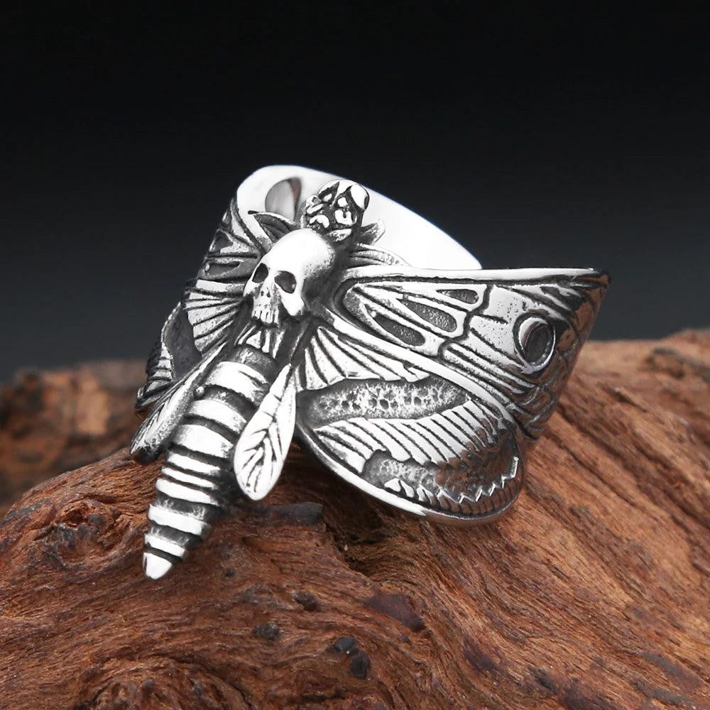 Butterfly Skull Ring 316L Stainless Steel – Gothic Punk Adjustable Ring Unisex