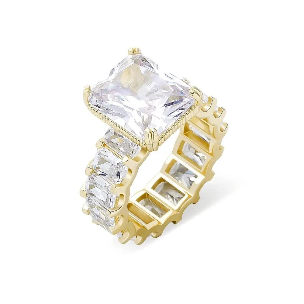 Square CZ Iced Out Ring – Gold Color Copper Hip Hop Cubic Zirconia Ring  Women