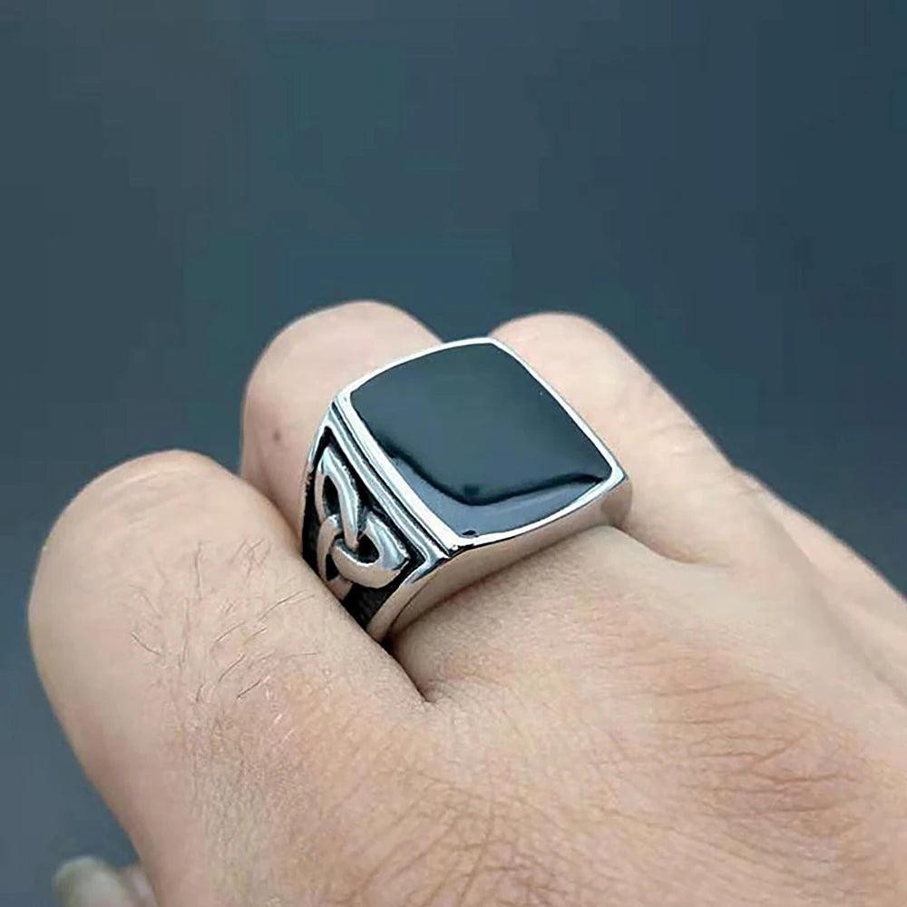 1️⃣ Nordic Viking Celtic Knot Ring Black Stone Stainless Steel Ring Men