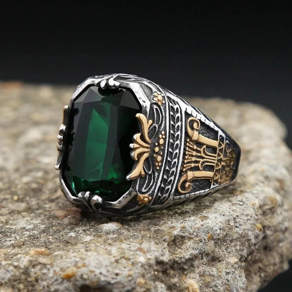 316L Stainless Steel Green Stone Turkish Signet Ring Punk Biker Men Women