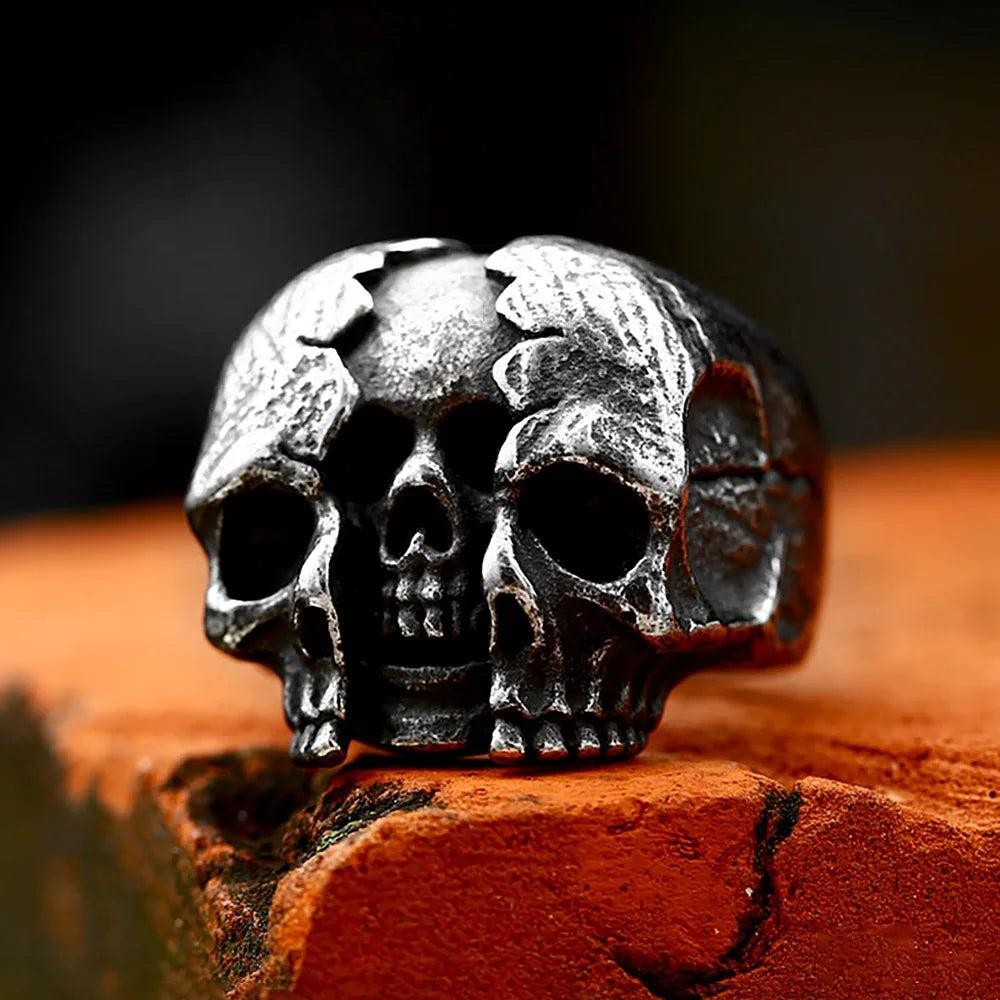 Gothic Broken Skull Ring Stainless Steel Biker Skeleton Ring Men