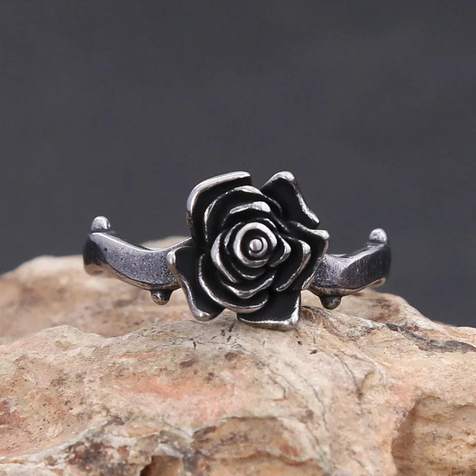Vintage Black Rose Ring 316L Stainless Steel – Simple Trendy Ring for Women