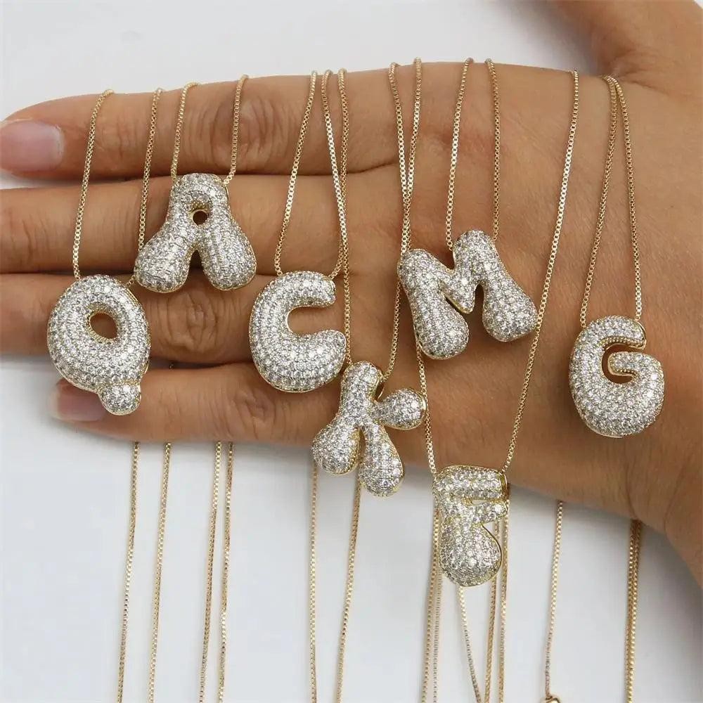 Stainless Steel PVD Bubble Chunky Initial Pendant Necklace 26 Letters Zircon Jew