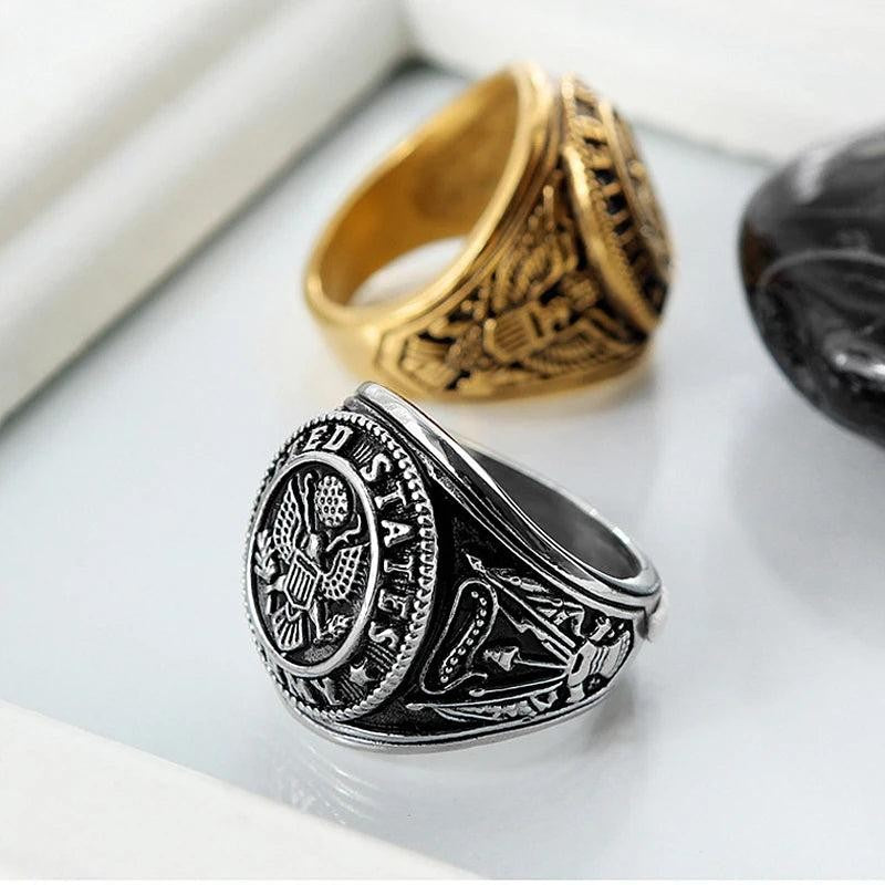 1️⃣ US Army Military Ring Stainless Steel Eagle Ring Gold Silver Men