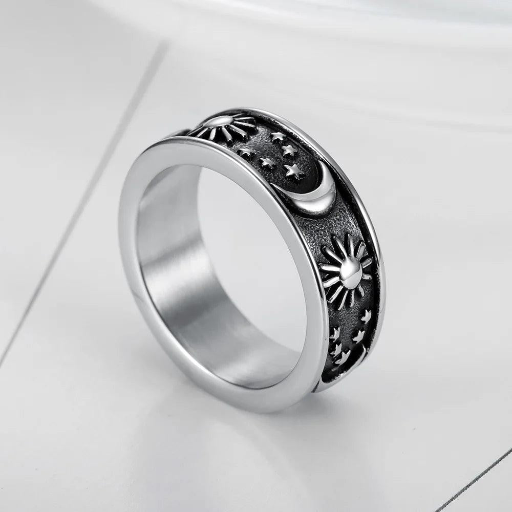 1️⃣ Sun Moon Star Ring 316L Stainless Steel Couple Punk Ring for Men Women