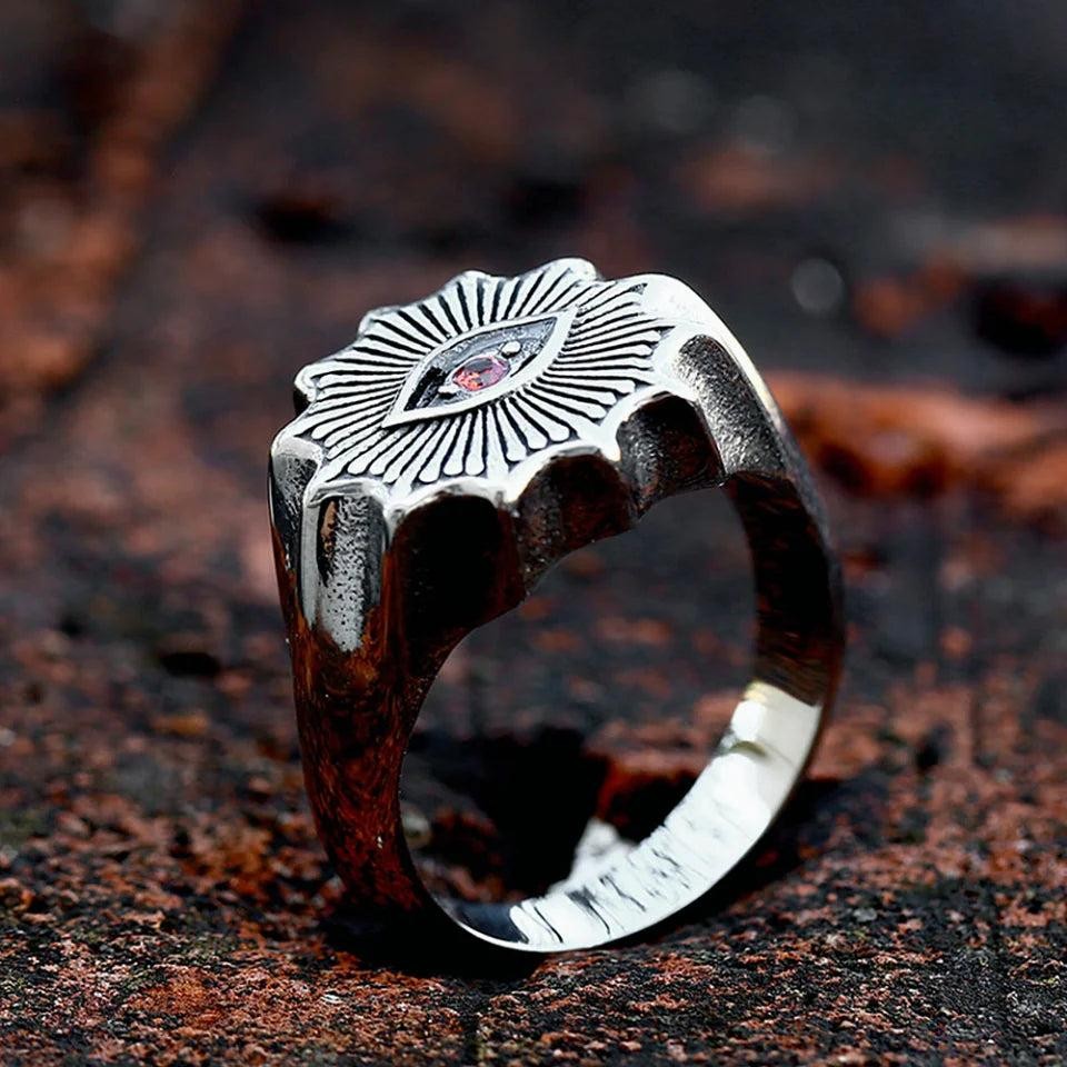 1️⃣ Demon Eye Ring Red Stone Stainless Steel Gothic Biker Ring for Men