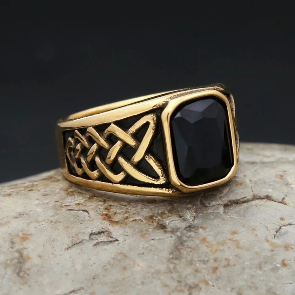 Stainless Steel Viking Rune Ring | Nordic Knot Square Red Stone Ring Unisex