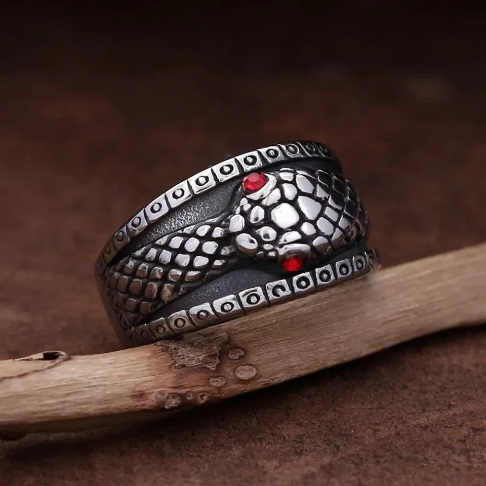 316L Stainless Steel Snake Ring Red Stone Eye Punk Vintage Ring Men Women
