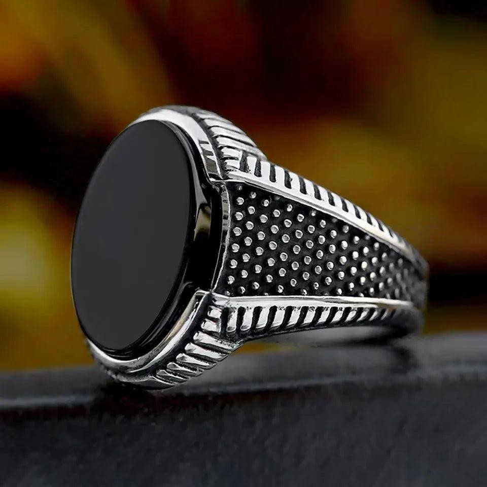 Natural Black Agate Vintage Gothic Ring 316L Stainless Steel  Turkish  Punk Ring