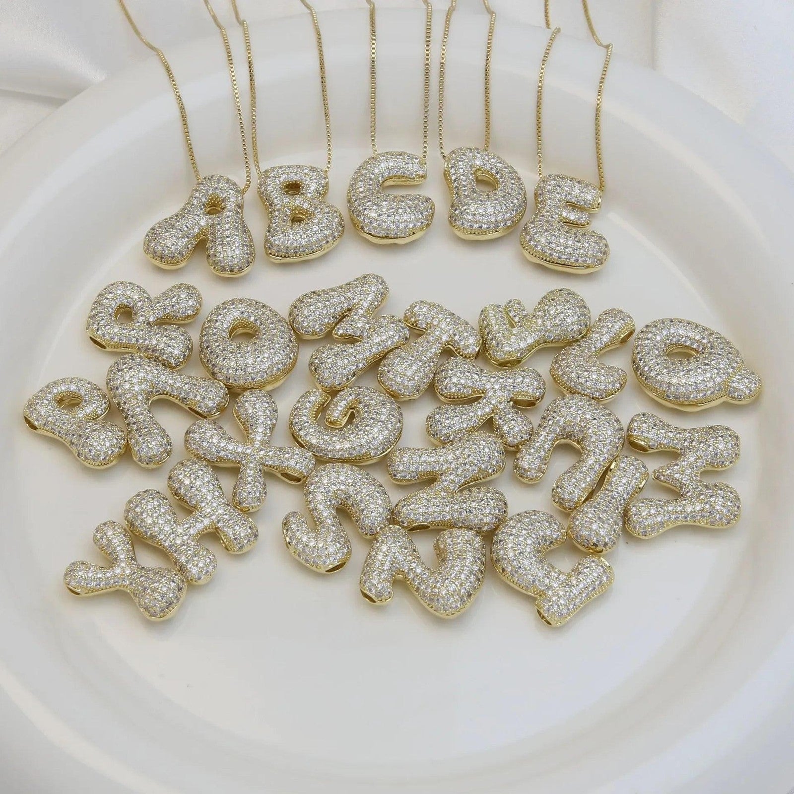 Stainless Steel PVD Bubble Chunky Initial Pendant Necklace 26 Letters Zircon Jew