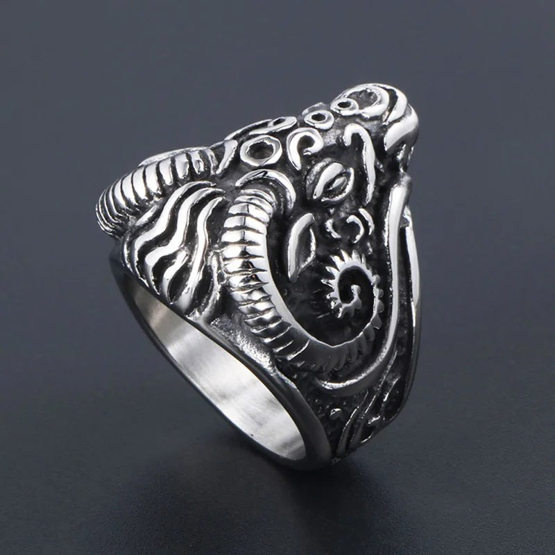 2️⃣ Gothic Goat Head Ring Stainless Steel Heavy Metal Biker Ring Men
