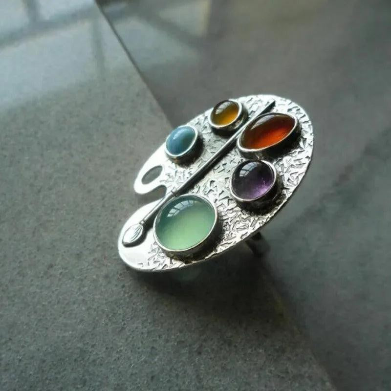 Creative Geometry Silver Metal Oval Inlaid Colored Stones Adjustable Women Ring