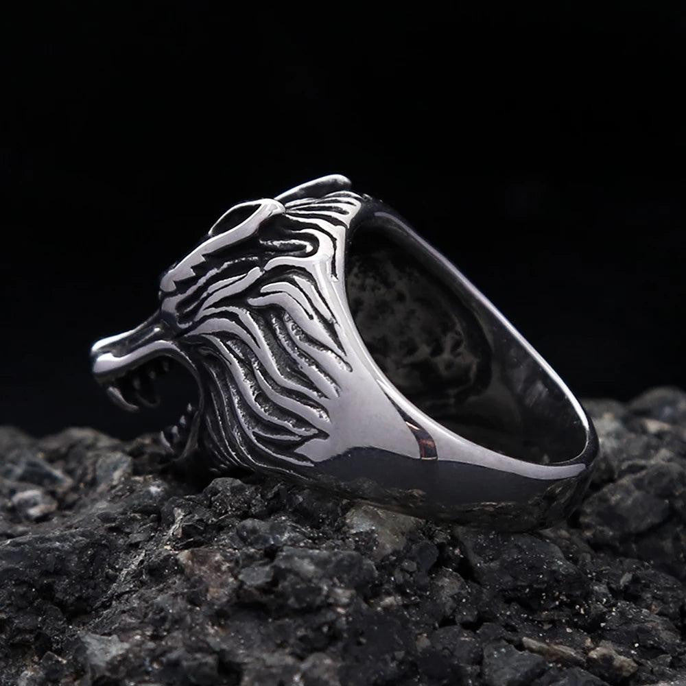 Stainless Steel Viking Wolf Head Ring | Nordic Biker Animal Ring for Men Women