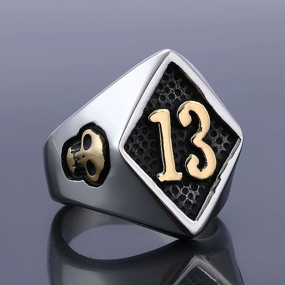 1️⃣ Lucky Number Skull Ring Stainless Steel Punk Biker Ring Men Women