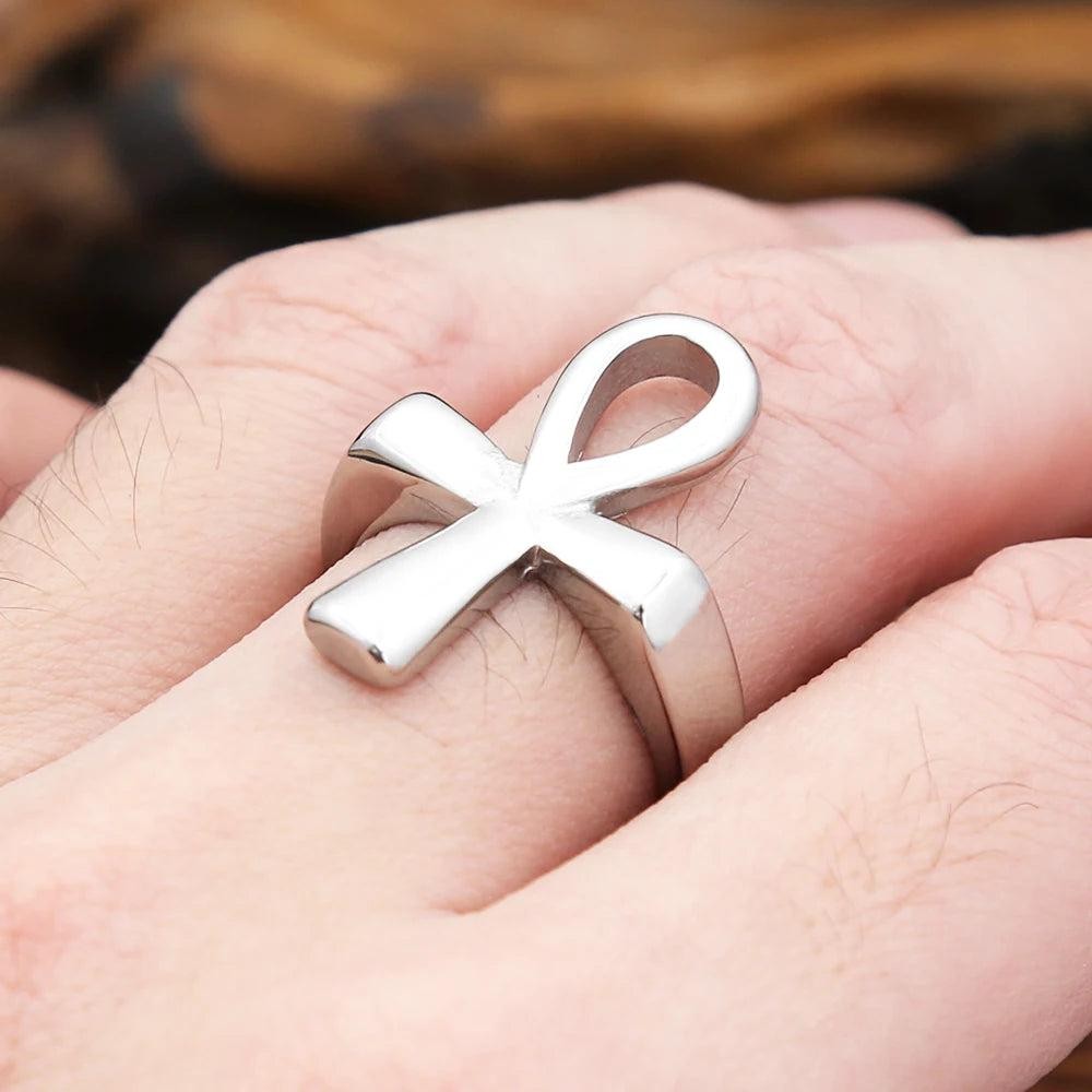 TOGA PULLACN Stainless Steel Egyptian Ankh Cross Finger Rings Punk Jewelry for M