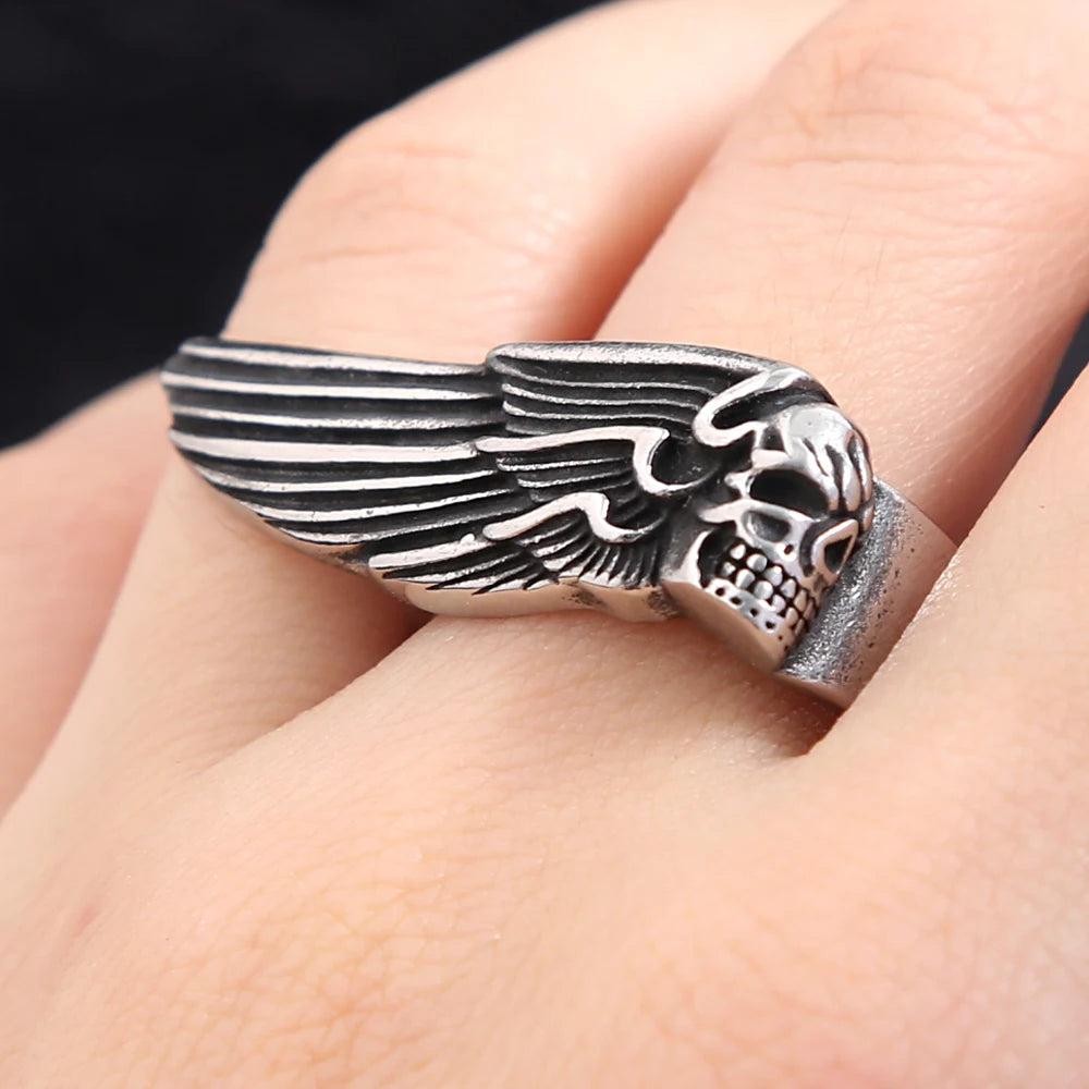 316L Stainless Steel Skull Wing Ring Punk Gothic Feather Ring Men Women