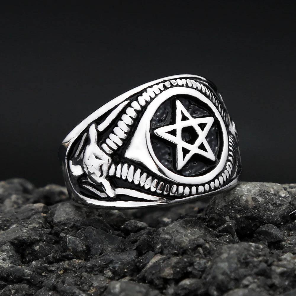Vintage Pentagram Ring Stainless Steel – Gothic Goat Devil Demon Biker Ring