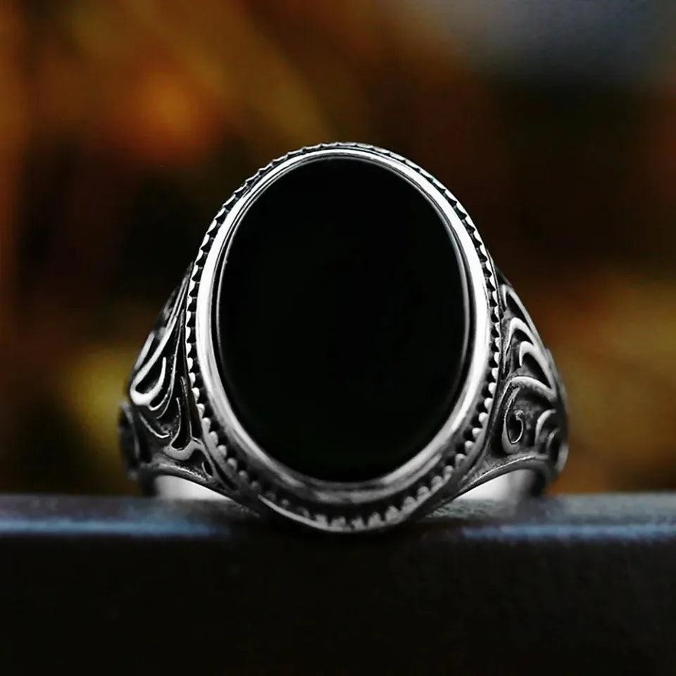 Natural Black Agate Vintage Gothic Ring 316L Stainless Steel  Turkish  Punk Ring