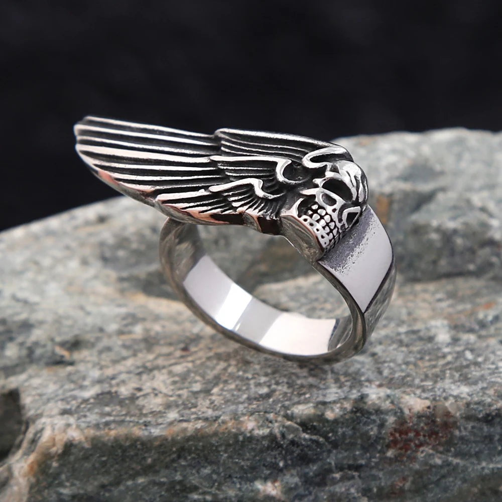 316L Stainless Steel Skull Wing Ring Punk Gothic Feather Ring Men Women