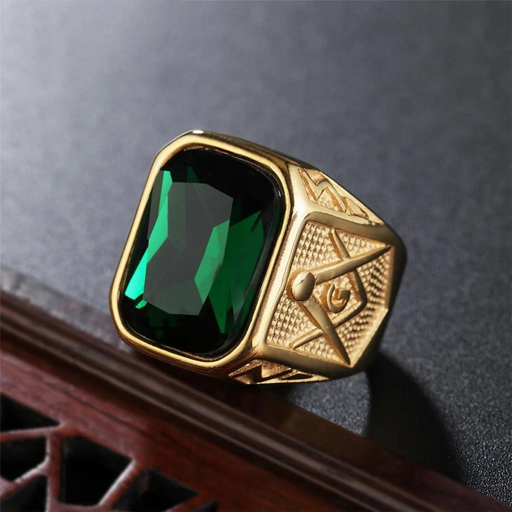 1️⃣ Masonic Square Stone Ring Blue Red Black Stainless Steel Biker Ring Men