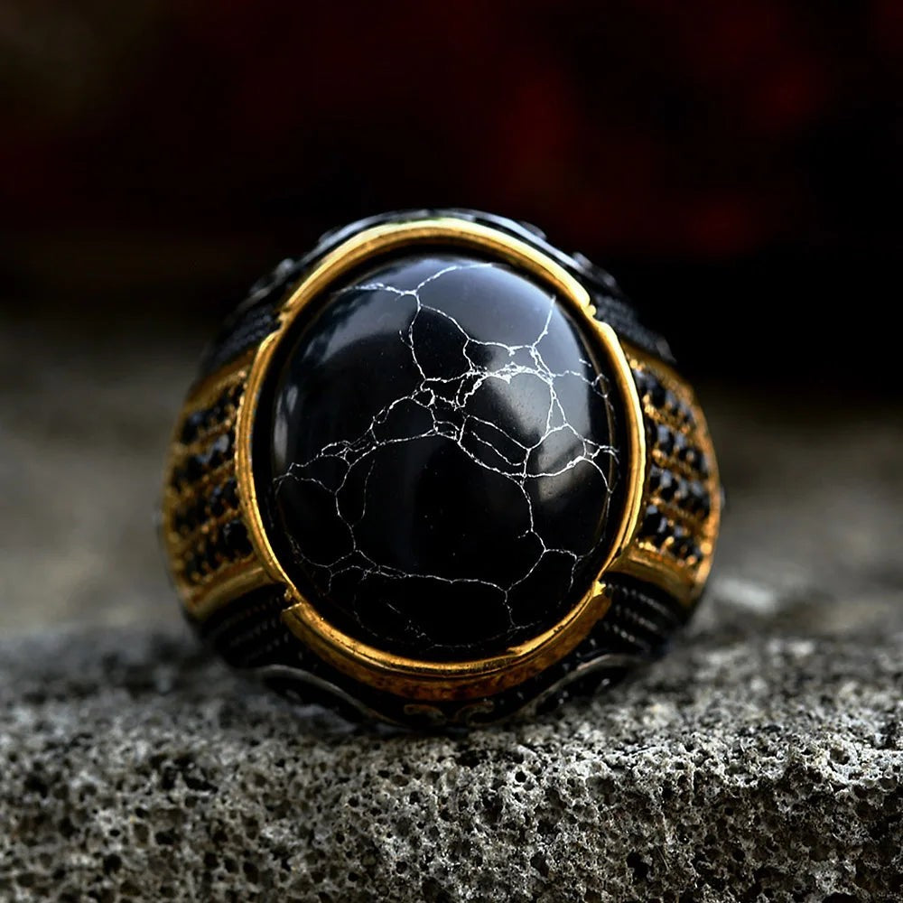 1️⃣ Gothic Black Stone Ring Gold Stainless Steel Punk Biker Ring Men