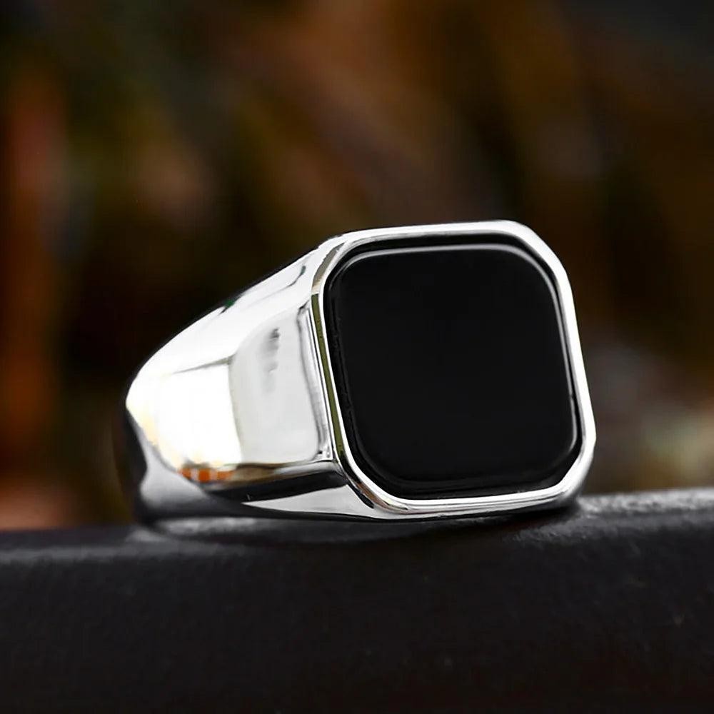 Stainless Steel Black Agate Square Ring Punk Biker Signet Ring Men Women