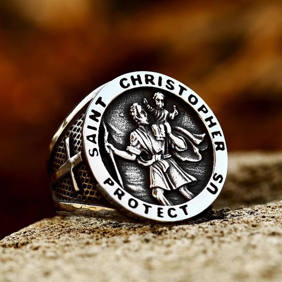 316L Stainless Steel St Christopher Ring | Vintage Renaissance Cross Biker Ring