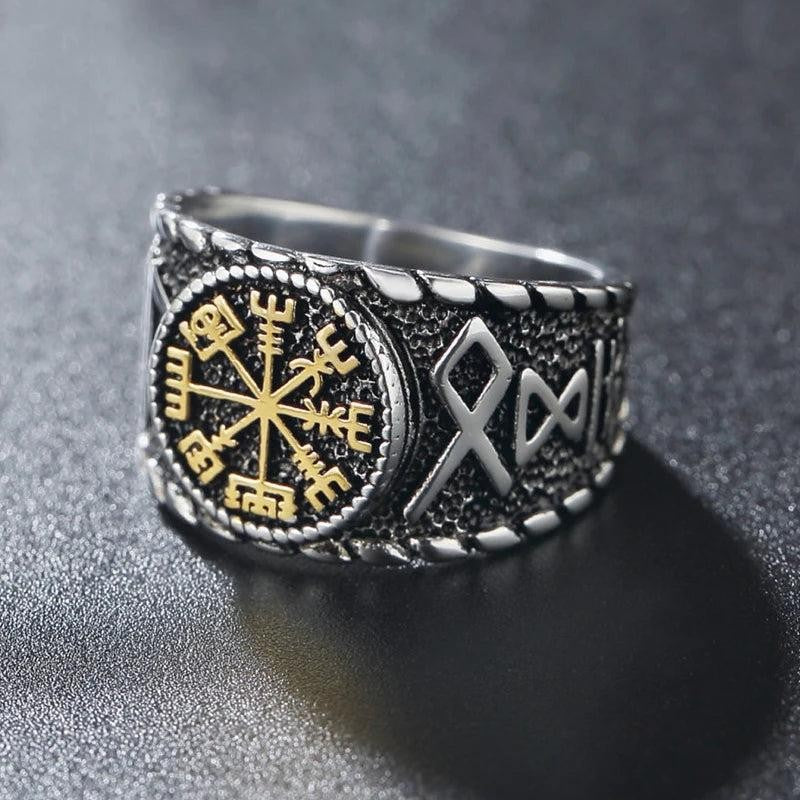 1️⃣ Viking Compass Ring Nordic Stainless Steel Odin Amulet Biker Ring Men