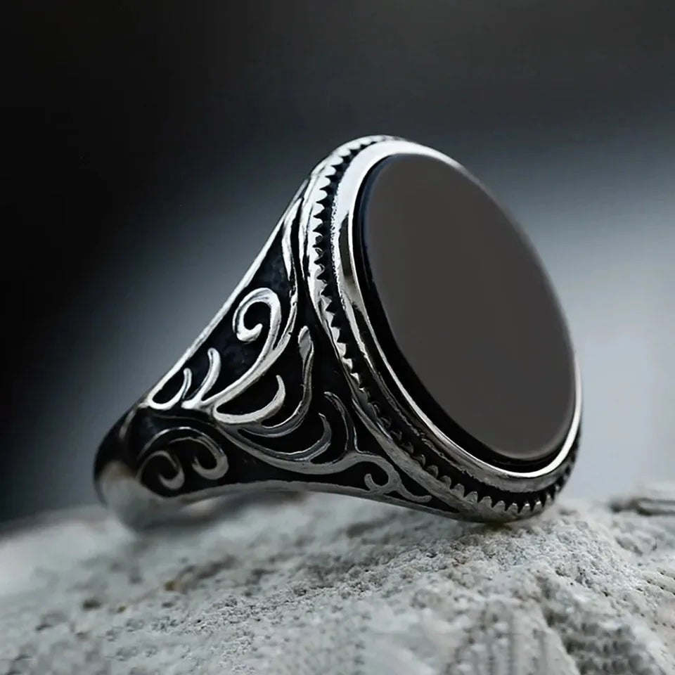 Natural Black Agate Vintage Gothic Ring 316L Stainless Steel  Turkish  Punk Ring