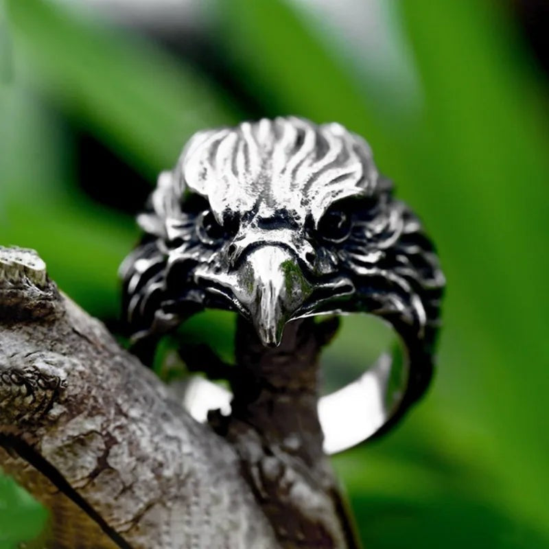 316L Stainless Steel Viking Eagle Ring | Detailed Punk Biker Amulet Ring for Men