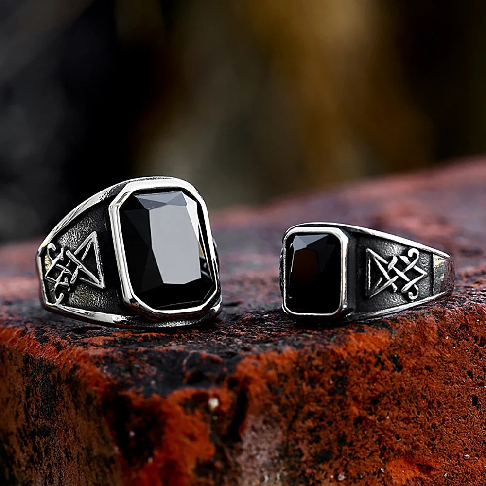 Vintage Lucifer Satan Signet Ring – Stainless Steel Gothic Black Stone Ring