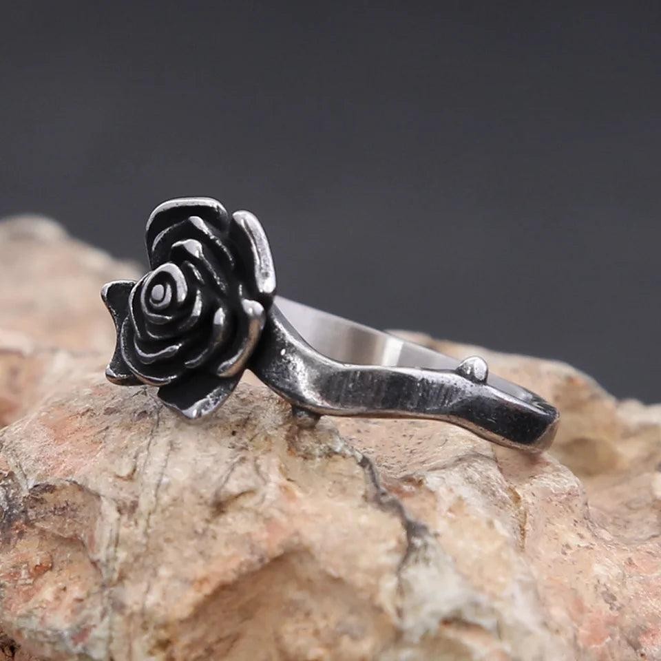 Vintage Black Rose Ring 316L Stainless Steel – Simple Trendy Ring for Women