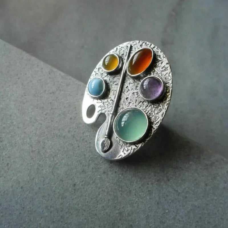 Creative Geometry Silver Metal Oval Inlaid Colored Stones Adjustable Women Ring